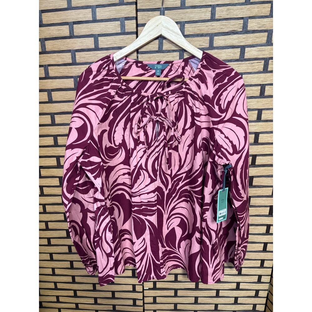 Terra & Sky Burgundy And Pink Tie Neckline Blouse Size 0X‎